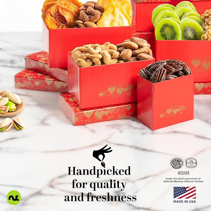 NUT CRAVINGS - Easter Dried Fruit &amp Mixed Nuts Gift Basket Red Tower + Heart Ribbon (12 Assortments) Ramadan Gifts Food Arrangement Healthy Snack Care Package Kosher