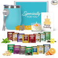 Birthday Gift Set with Stainless Tumbler 15 Assorted Teas 10 Honey Straws Tea Tongs Scented Candle and Greeting Card in Ready-to-Gift Box (Teal - Birthday Card)