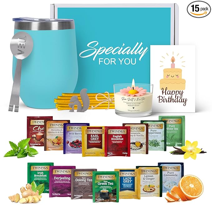 Birthday Gift Set with Stainless Tumbler 15 Assorted Teas 10 Honey Straws Tea Tongs Scented Candle and Greeting Card in Ready-to-Gift Box (Teal - Birthday Card)