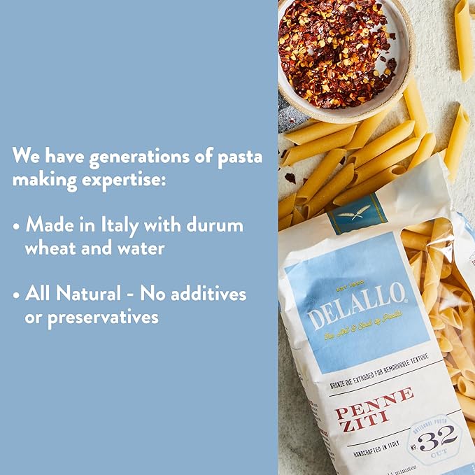 DeLallo Penne Ziti Pasta Made in Italy Bronze Cut Made with Only 100% Durum Wheat Semolina Flour Kosher Vegan All Natural Non-GMO 1 Pound Bag (7 Pack)