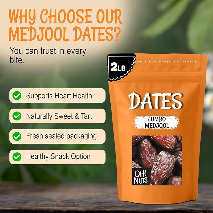 Oh! Nuts Jumbo Medjool Dates - Dried Dates - 2 lb - Unpitted Medjool Dates - No Sugar Added - Dehydrated Fruit Snack