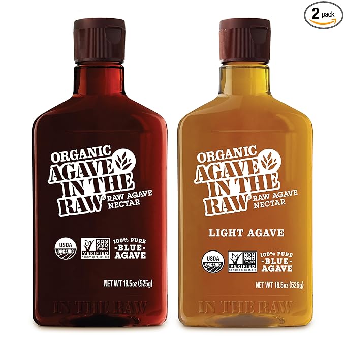 In the Raw Organic Blue Agave Syrup Bundle – Amber + Light Agave Nectar Low-Glycemic Sweetener Maple Syrup and Honey Alternatives 18.5 Oz Ea