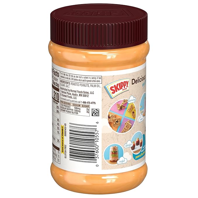 SKIPPY Natural Creamy 1/3 Less Sodium &amp Sugar Peanut Butter Spread 15 oz Jars (Pack of 12)– Gluten-Free 7g Protein per Serving