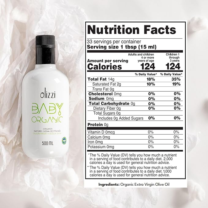 Olive Oil for Baby Food - Olizzi Baby Organic Extra Virgin Olive Oil Cold Pressed USDA Organic Kosher Delicious Smooth Award Winning Polyphenol Rich 16.9 FL OZ (500 ML)