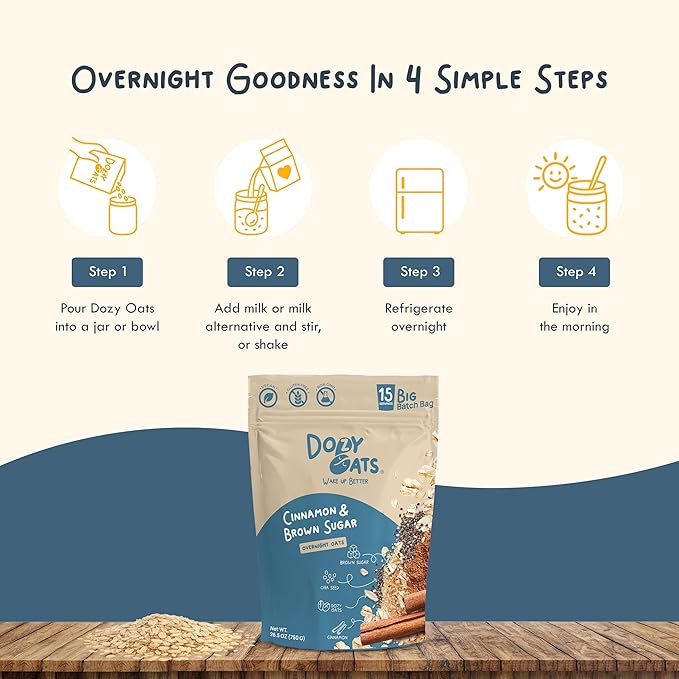 Dozy Oats Overnight Oatmeal 15-Serving Big Batch Bag. Gluten-Free Natural Source of Protein and Fiber Cinnamon and Brown Sugar 750g Pack and Jar