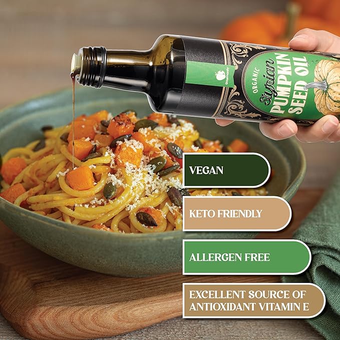 Gourmanity Organic Cold Pressed Styrian Pumpkin Seed Oil Traditionally Made in Austria 100% Pure Healthy and Delicious Oil Non-GMO Vegan and Keto Friendly Perfect Drizzled Over Salads 16.9 oz