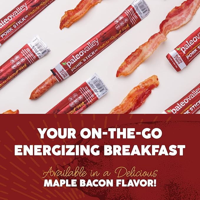 Paleovalley Pasture-Raised Pork Sticks - Maple Bacon Flavor Meat Sticks Individually Wrapped 28g - 10 Sticks - Gluten-Free Protein Snack