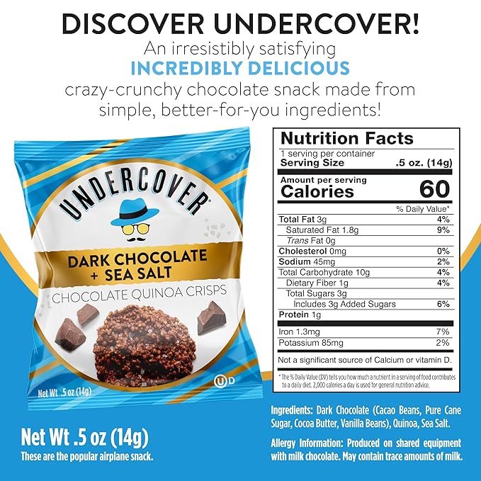 Undercover Snacks Chocolate Quinoa Crisps - Dark Chocolate + Sea Salt | 30-Count Individually Wrapped Crisps | Gluten Free Nut-Free Allergen Friendly Kosher Plant-Based AIRLINE SIZE