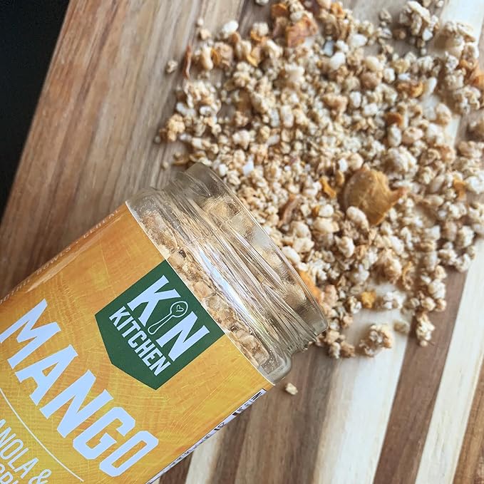 Kin Kitchen non-GMO Granola &amp Organic Quinoa Crisps in a Glass Jar Recyclable and Resusable. Made with Real Fruit. No Aritificial Colors Flavors or Perservatives. Great for Snacking Cereal on