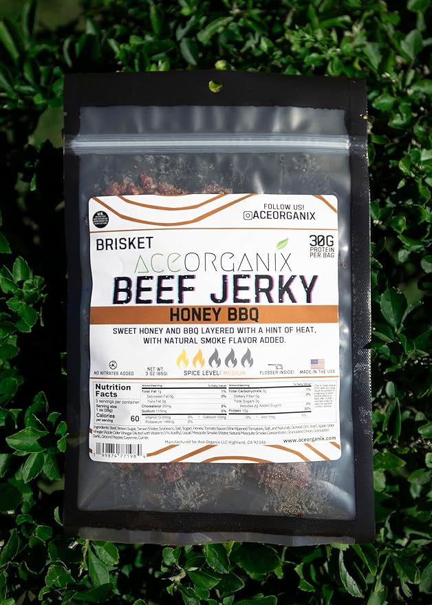 Ace Organix Brisket Beef Jerky High Protein Snack HoneyBBQ Made in USA (2 Pack)
