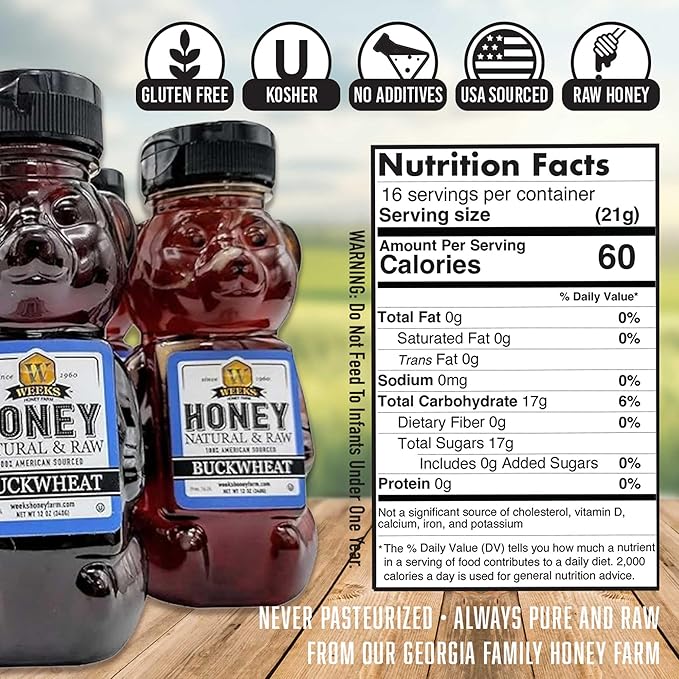 Pure Raw Unfiltered Buckwheat Honey 12 oz (6 Pack) - Premium Dark American Buckwheat Honey by Weeks Honey Farm | Bold Molasses Flavor