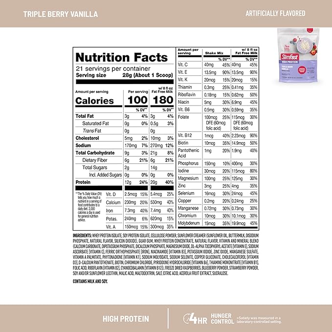 SlimFast High Protein Fruit Powder Triple Berry Vanilla Protein Powder Meal Replacement 21 Servings + SlimFast Hydration Packets Electrolytes Interrmittent Fasting Apple Cider Vinegar 12 Count