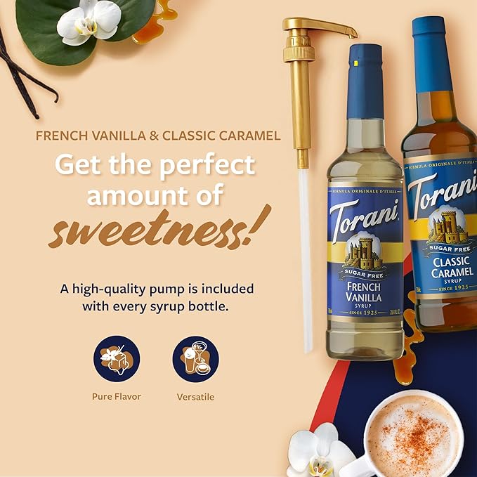 Torani Sugar Free Classic Caramel Syrup and Sugar Free French Vanilla Syrup Variety 2-Pack Coffee Syrups for Drinks Pumps Included 25.4 Fl Oz Ea