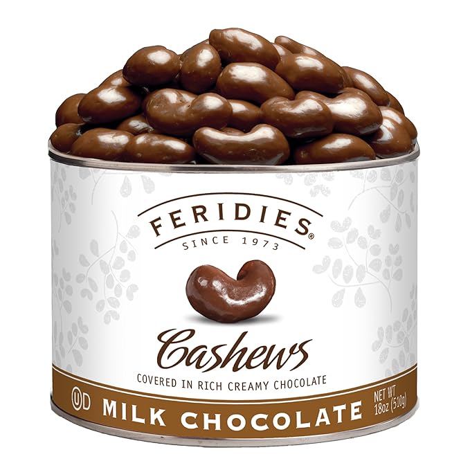 FERIDIES Milk Chocolate Covered Cashews - 18oz Vacuum Tin