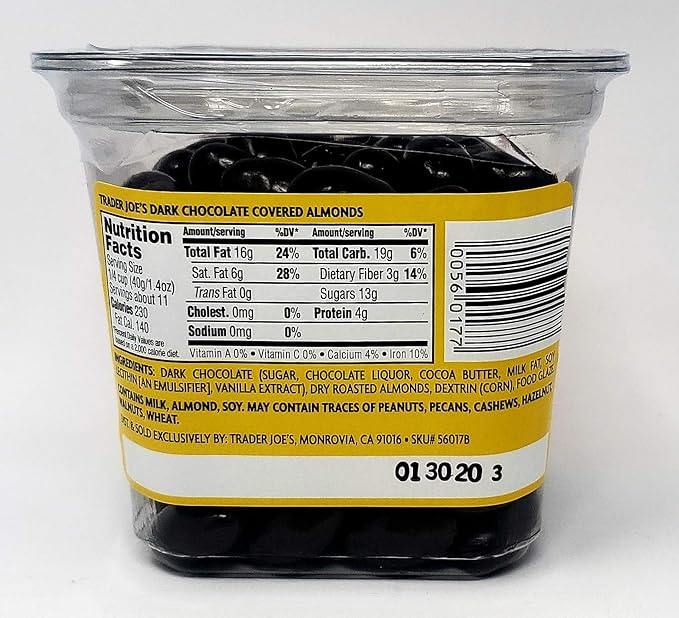 Trader Joes Dark Chocolate Covered Almonds - Pack of 3 Tubs - 16 oz per Tub