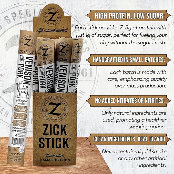 Zick's Venison with Pork Meat Snacks 1.3oz | Premium Game Meat Hardwood Smoked Gluten-Free Paleo Friendly No Hormones or MSG Clean Ingredients Protein Packed Snack Sticks | Ven - 12 Pack
