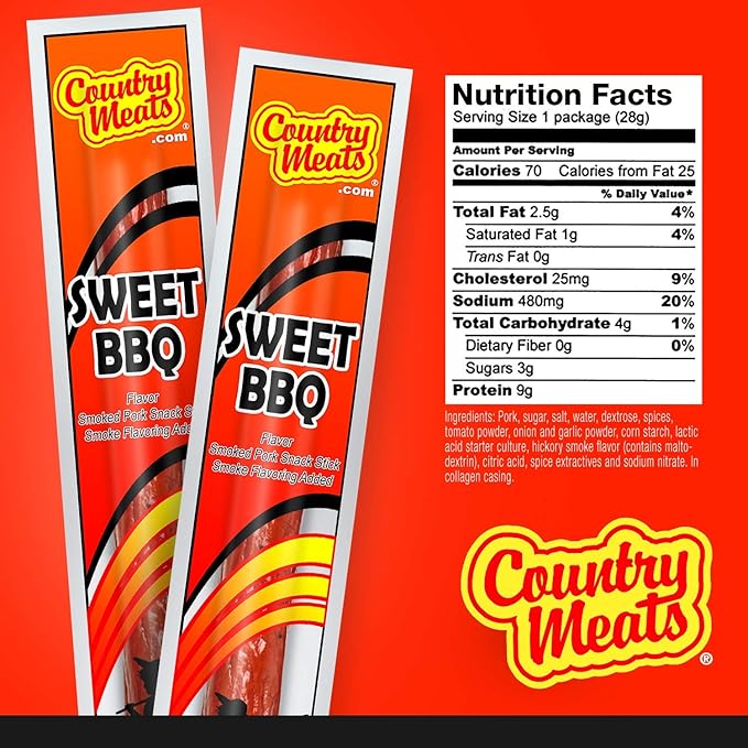 Country Meats Meat Sticks 0 Trans Fat USDA Certified Good Source of Protein Carb Conscious Snack (24 Meat Sticks Sweet BBQ)