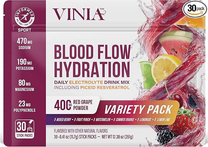 VINIA Resveratrol Electrolyte Hydration Powder Mix | Boost Blood Flow &amp Circulation | Sea Salt Coconut Water Potassium Magnesium Informed Sport Certified (30 Sticks 1. Variety Pack)