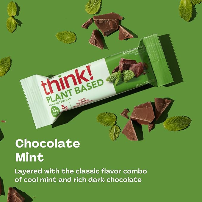 think! Vegan/Plant Based High Protein Bars - Chocolate Mint 13g Protein 5g Sugar No Artificial Sweeteners Non GMO Project Verified 10 Count (Packaging May Vary)