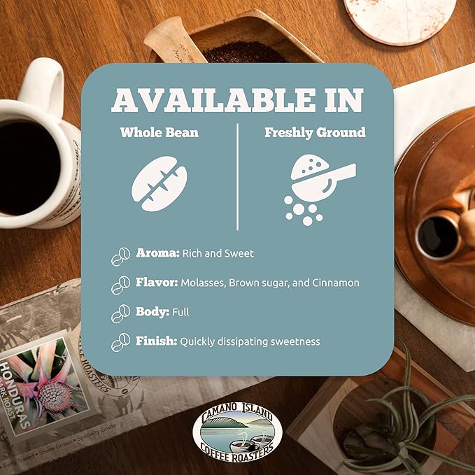 Camano Island Coffee Roasters Roasters Honduras Dark Roast Whole Bean 2lb Fresh Small Batch Roasted USDA Organic Fairly Traded Shade Grown Top 1% Arabica - Molasses Brown Sugar Cinnamon Flavor