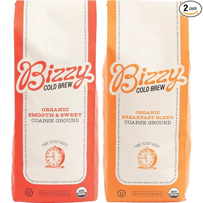 Bizzy Organic Cold Brew Coffee | Bundle | Coarse Ground Coffee | Smooth &amp Sweet 1 LB + Breakfast Blend 1 LB | 2 Pack