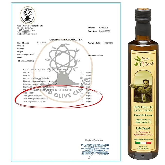 Papa Vince Olive Oil Extra Virgin - First Cold Press Family Harvest 2024/25 Polyphenol Rich Subtle Peppery Finish Unrefined High in Monounsaturated Fat No Pesticides No GMO Sicily Italy