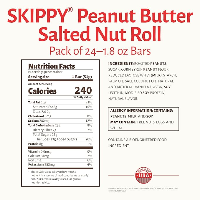Pearson's SKIPPY® Peanut Butter Salted Nut Roll | Peanut Caramel Peanut Butter Candy | 24 Full- Size Candy Bars |Bulk Individually Wrapped