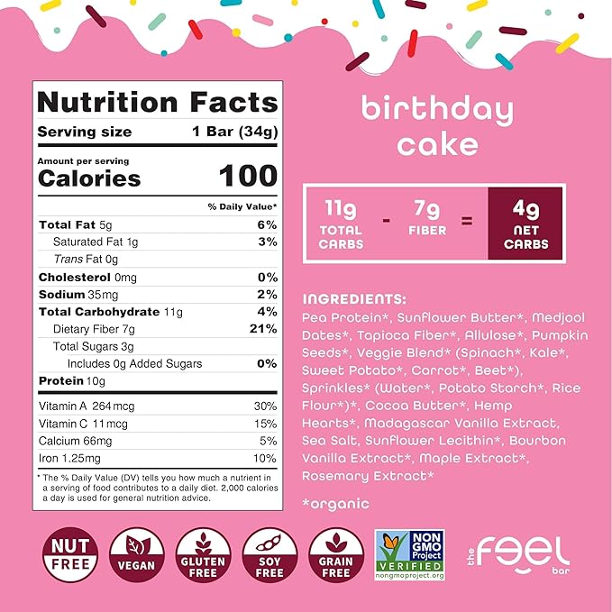 Feel Bar Minis – Kids Protein Bars | Birthday Cake | 10g Plant Protein | 100 Calories | No Added Sugar | + Daily Veggies | Gluten Free No Nuts No Soy No Dairy No Grains (12 Pack)