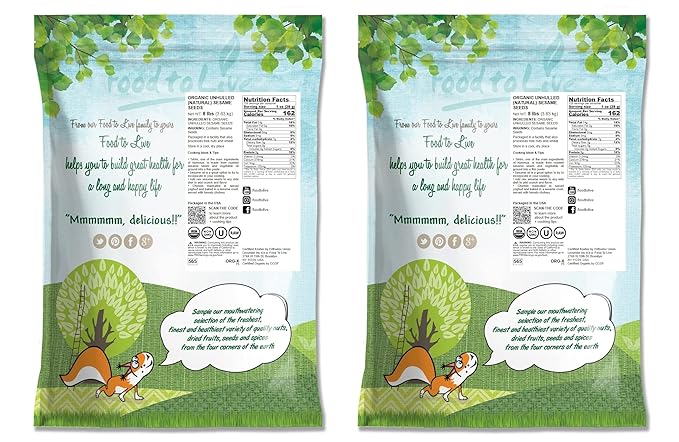Food to Live Organic Unhulled Sesame Seeds 16 Pounds — Non-GMO Whole Natural Raw White Sesame Seeds Kosher Vegan Bulk Rich in Dietary Fiber Protein &amp Iron. Crunchy Texture. Great for Bakin