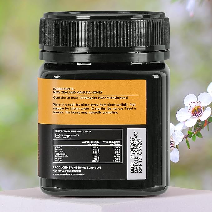 Manuka Hunters UMF 26+/MGO 1280+ Certified New Zealand Manuka Honey - 100% Pure Natural Sweetener - Gluten Dairy Free - Ideal for Tea Coffee Smoothies and Baking - Sustainable - 8.8oz/250g Jar