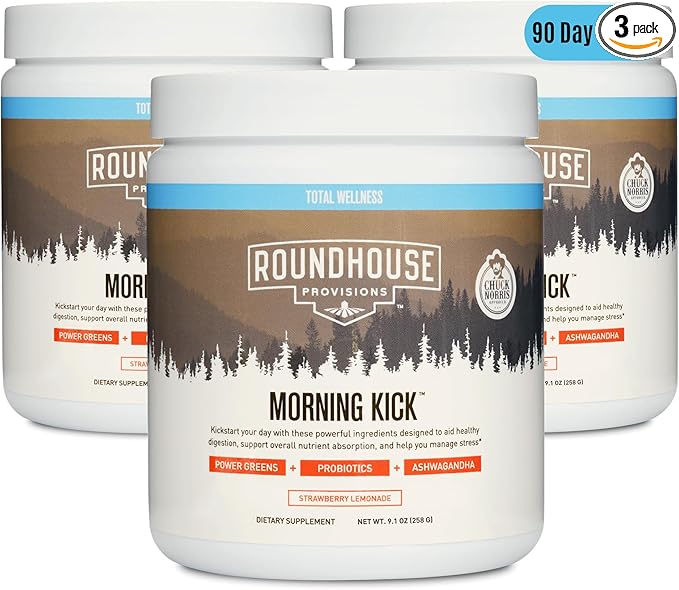 ROUNDHOUSE PROVISION Morning Kick Greens Superfood Powder Supplement with Ashwagandha Collagen &amp Probiotics - Sugar Free Caffeine Free (3 Pack Strawberry Lemonade Flavor) by Chuck Norris