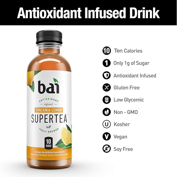 Bai Iced Tea Tanzania Lemon Antioxidant Infused Supertea Crafted with Real Tea (Black Tea White Tea) 18 Fluid Ounce Bottles (Pack of 12)