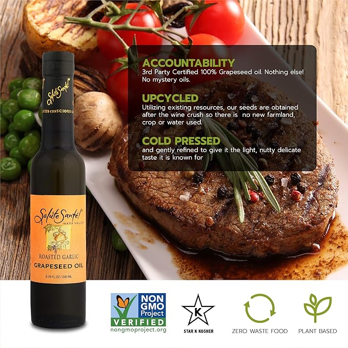 Salute Santé! Infused Grapeseed Oil Gift Set – 3 Pack of 200ml Bottles Roasted Garlic White Truffle Lemon – Gourmet Healthy antioxidant Cooking Oils for Dipping Marinades Finishing &amp Salads –