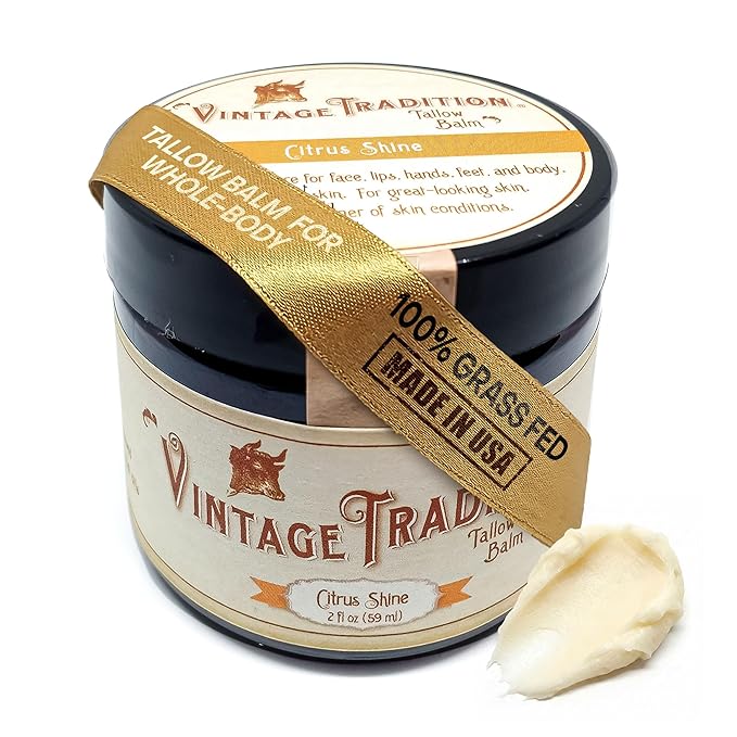Vintage Tradition Beef Tallow All Purpose Balm – Healing Hydrating Citrus Oil Skin Care Salve Replaces Body Lotion Hand Cream More – Essential Oila Olive Oil and Grass-Fed Tallow 2 fl. oz.
