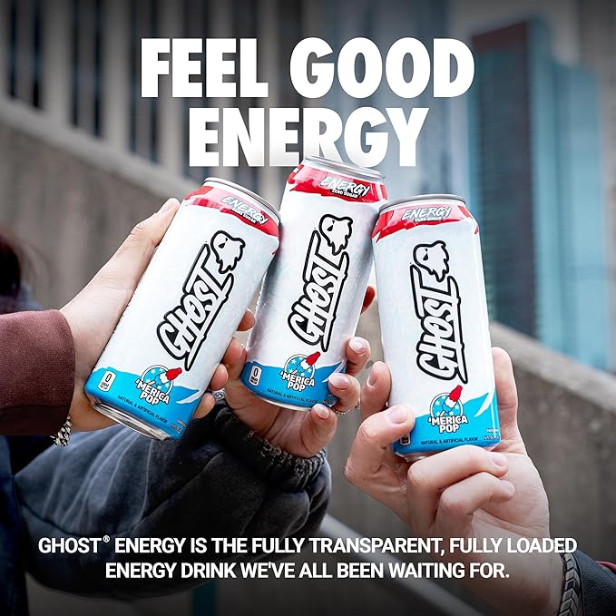 GHOST Energy Drink - 12-Pack 'Merica Pop 16oz Cans - Energy &amp Focus &amp No Artificial Colors - 200mg of Natural Caffeine L-Carnitine &amp Taurine - Gluten-Free &amp Vegan