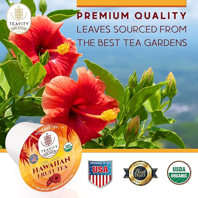 Organic Hibiscus Sabdariffa Tea Pods with Peach Mango &amp Passionfruit - Naturally Decaf Tea - Hawaiian Fruit Tea by Teavity (24 Tea Pods)