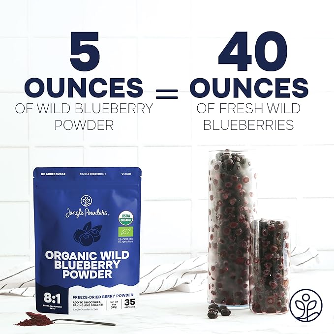 Wild Blueberry Powder Organic 5 Ounce Bag USDA Certified &amp 3rd Party Lab Tested - Antioxidant Rich Smoothies Freeze Dried Blueberries Organic Blueberry Extract for Baking From Whole Dried Blueberr