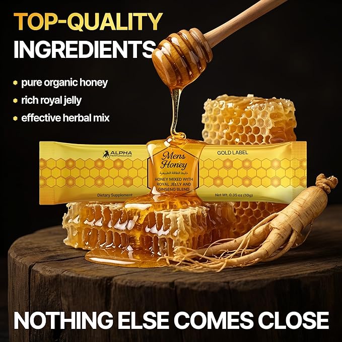 Mens Gold Honey - Royal Jelly Honey for Men Extra Strength Quality Herbal Superfood Mix - Raw &amp Natural Energy &amp Power Supplement No Added Sugar - 24 Individual Packets 10g