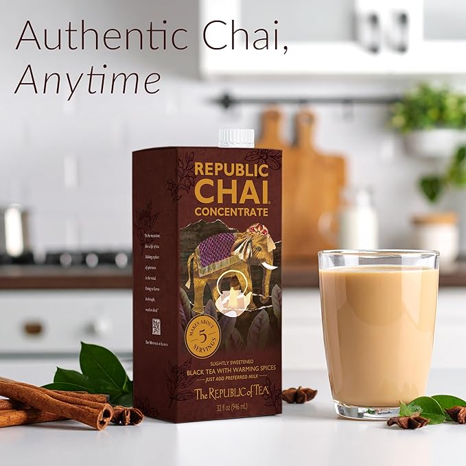 The Republic of Tea – Republic Chai Black Tea Concentrate 6 Cartons – 32 fl oz (5 Servings) Chai Latte Mix Naturally Caffeinated Gluten Free