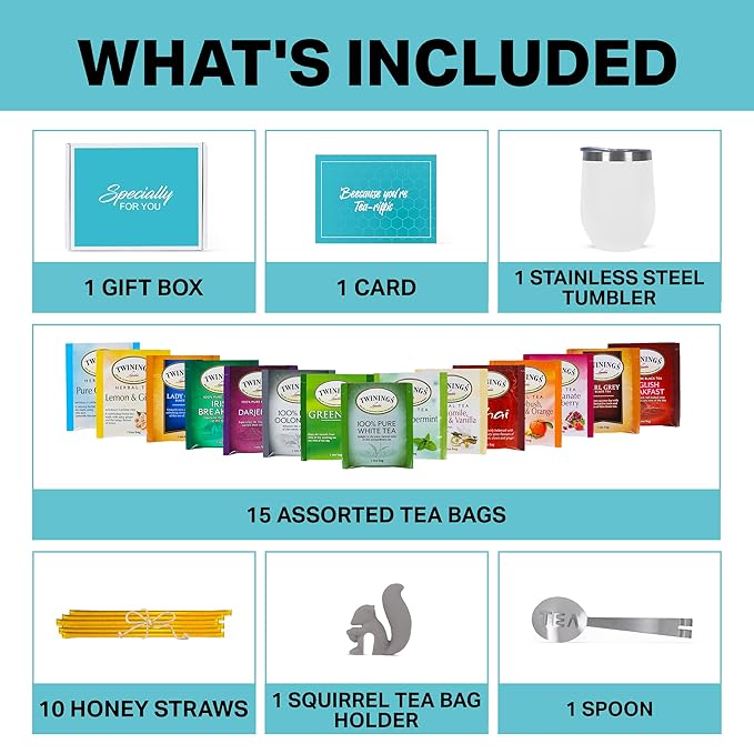 Tea Gifts for Women – Sampler Gift Basket with 15 Unique Blends Honey Sticks Stainless Tumbler &amp Gift-Ready Box (White)