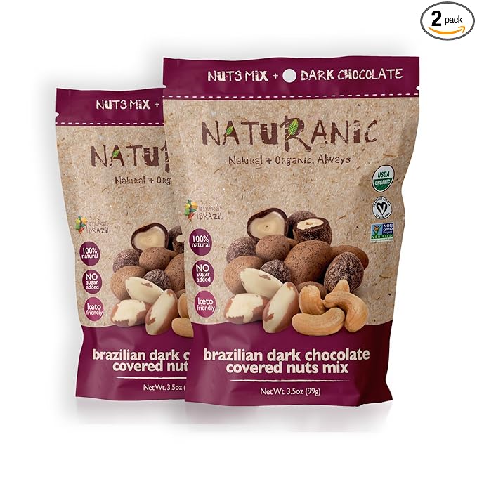 Naturanic Brazilian Dark Chocolate Covered Nuts Snack No sugar Keto friendly Net Carb Zero All NAtural Organic Vegan - Pack of 2