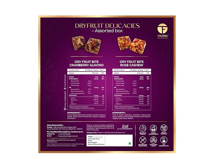 FRUTOX Dry Fruit Bites | Assorted Box : 2 Flavours (Rose Cashew Cranberry Almond) Pack of 16 pcs | Sugar free Tasty &amp Healthy Kids Friendly Rich in Protein