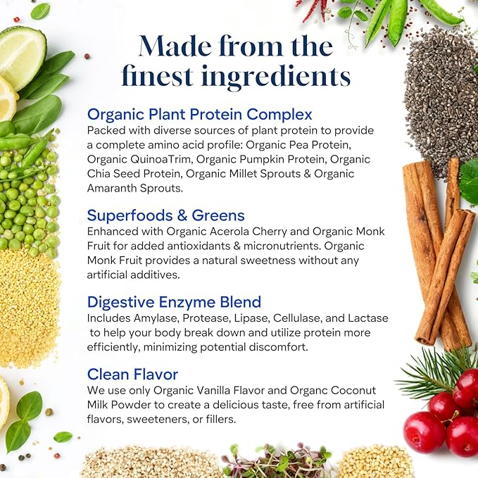 Organic Vegan Protein Powder - 20g Plant Based Protein for Women and Men with Pea Protein Superfood &amp Digestive Enzymes - Clean Protein Gluten-Free Gut-Friendly &amp Non-Bloating Keto