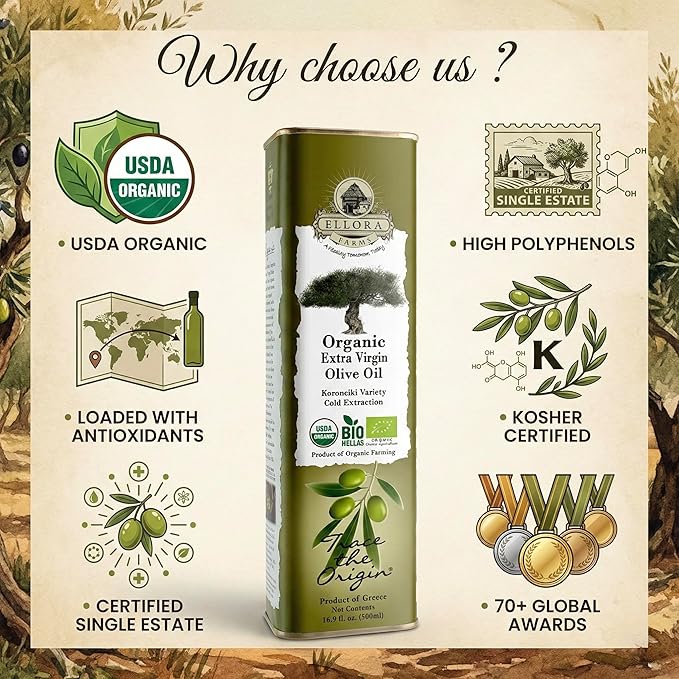 Ellora Farms Organic Extra Virgin Greek Olive Oil High in Phenols Cold Press Traceable Kosher 17 oz. tin Pack of 4