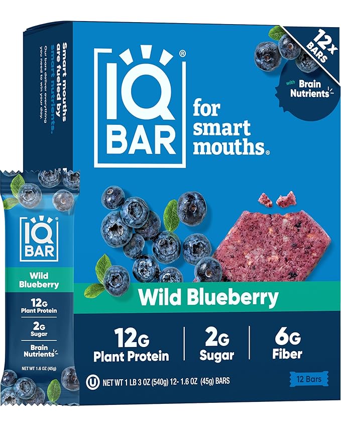 IQBAR Clean Plant Protein Bars - Wild Blueberry - 12 Count - Keto Vegan High Fiber Gluten and Dairy Free Low Sugar Snack - Brain and Body Nutrients for Focus Energy Meal Replacement