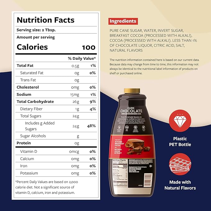 Torani Puremade Dark Chocolate Sauce for Coffeehouse Drinks and Desserts Non-GMO Large 4lb Bottle Pump Included 64 Fl Oz