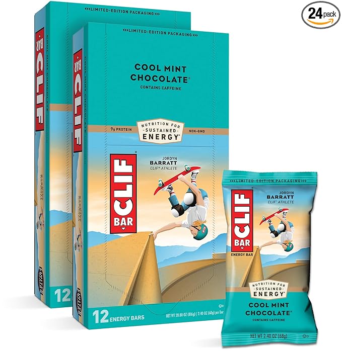 CLIF BARS - Energy Bars - Cool Mint Chocolate - With Caffeine - Made with Organic Oats - Plant Based Food - Vegetarian - Kosher (2.4 Ounce Protein Bars 24 Count) Packaging May Vary