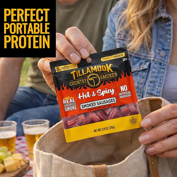 Tillamook Country Smoker Hot &amp Spicy Smoked Sausages 0.9 oz 24 Count Made with Beef &amp Pork Real Hardwood Smoked Protein-Packed Satisfying Taste On-the-Go Snacking