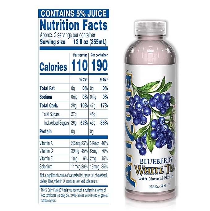 AriZona Blueberry White Tea - Premium Brewed Iced Tea 20 Fl Oz (Pack of 12)