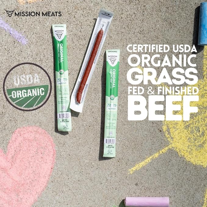 Mission Meats 100% Certified Organic Beef Sticks – Pasture-Raised Zero Sugar Non-GMO Healthy Individually Wrapped Meat Sticks Snack 0.75oz (24ct)